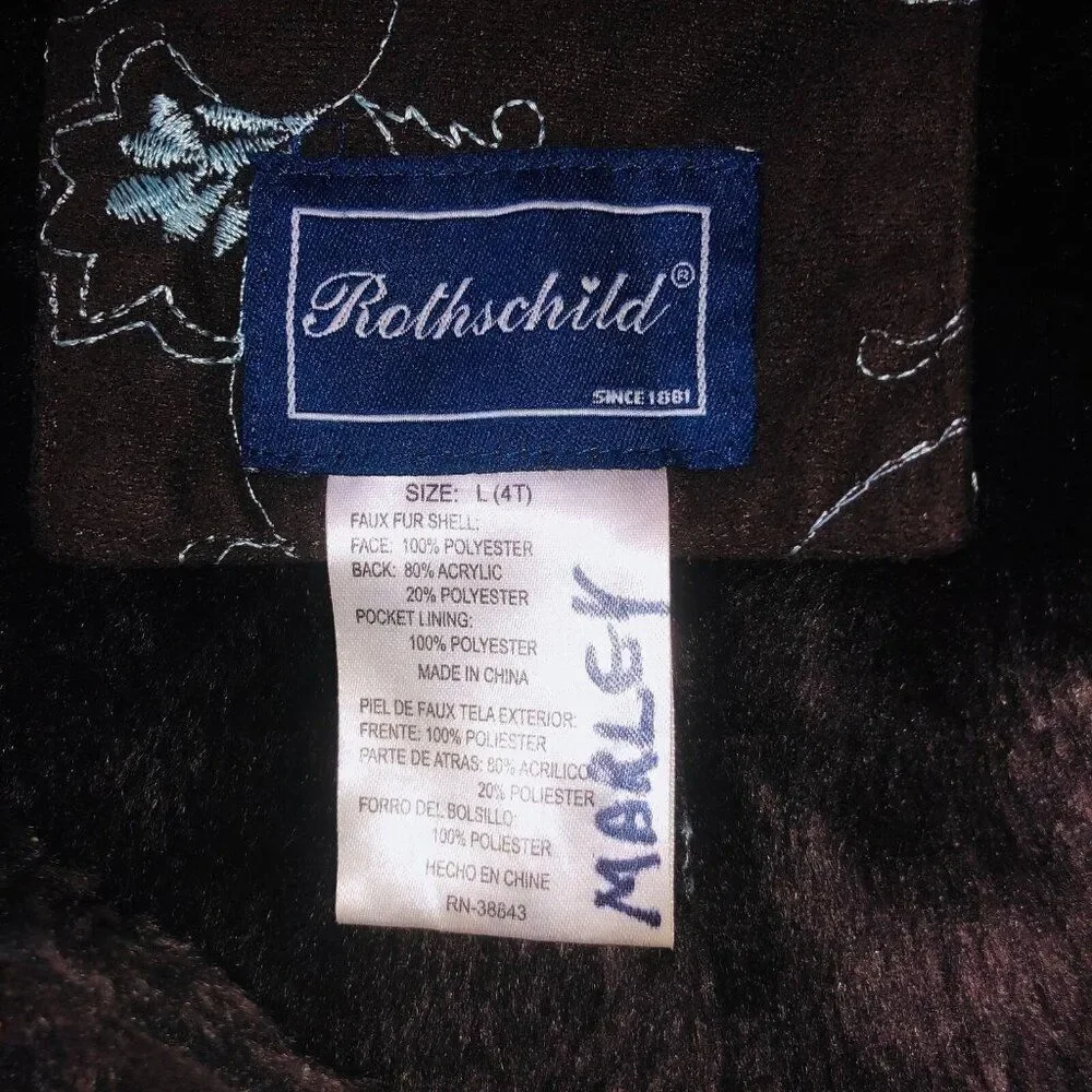 Vintage Y2K Rothschild Girls 4T Coat Brown Teal Embroidered Faux Fur Winter Long